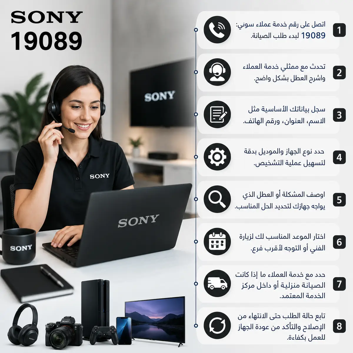 خطوات حجز طلب صيانة مع خدمة عملاء سوني